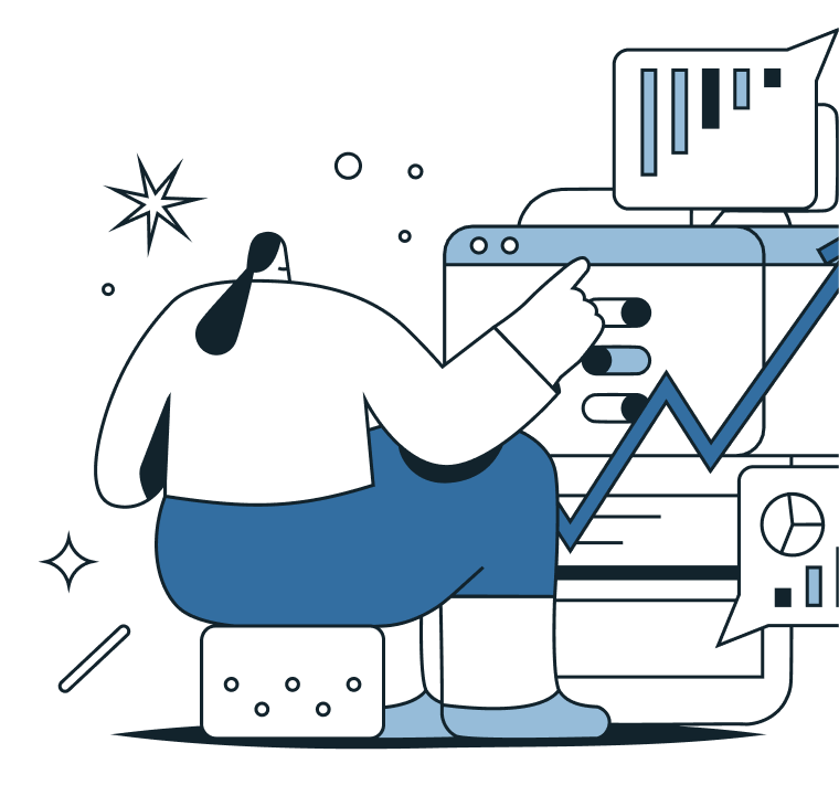 cornerDraw blue and white icon woman pointing to data and charts