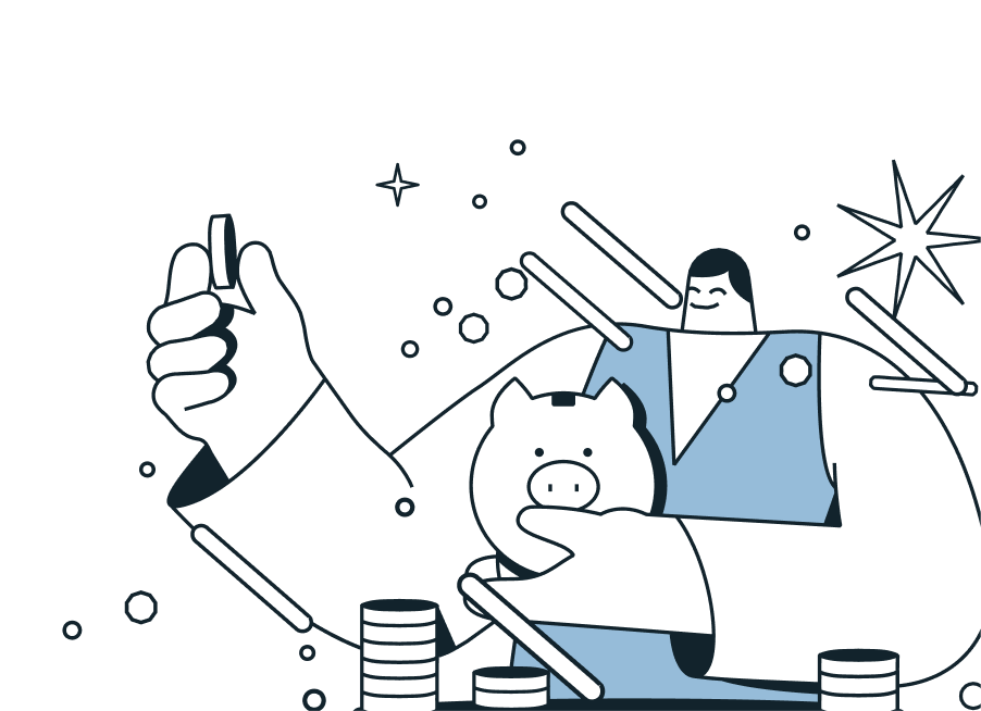 cornerDrawRight blue and white man icon drawing holding piggy bank and coin