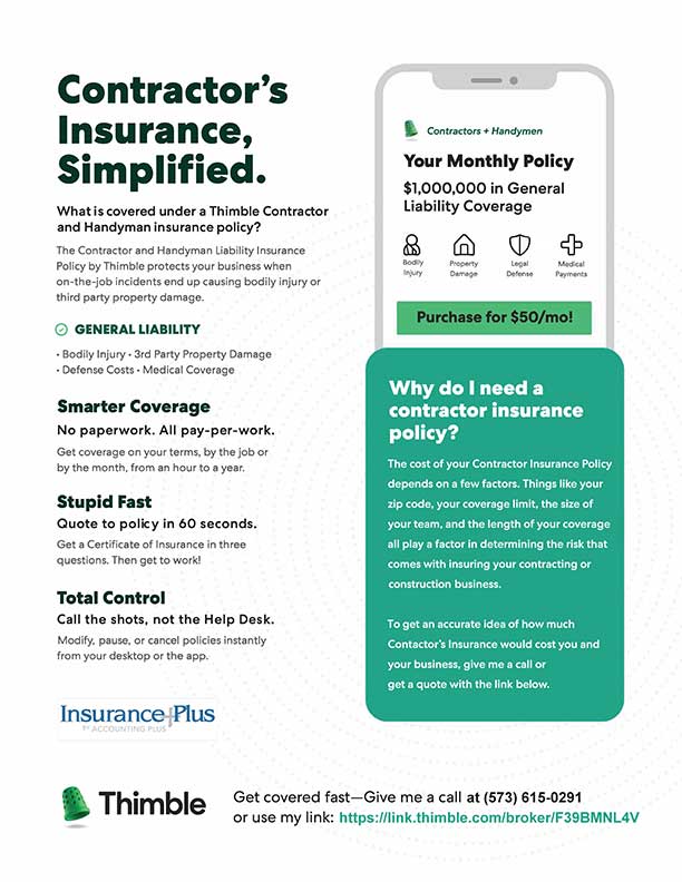 Contractor's insurance coverage flyer for Thimble.