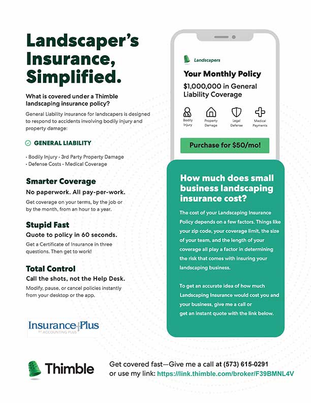 Landscaper's insurance coverage and policy flyer for Thimble.